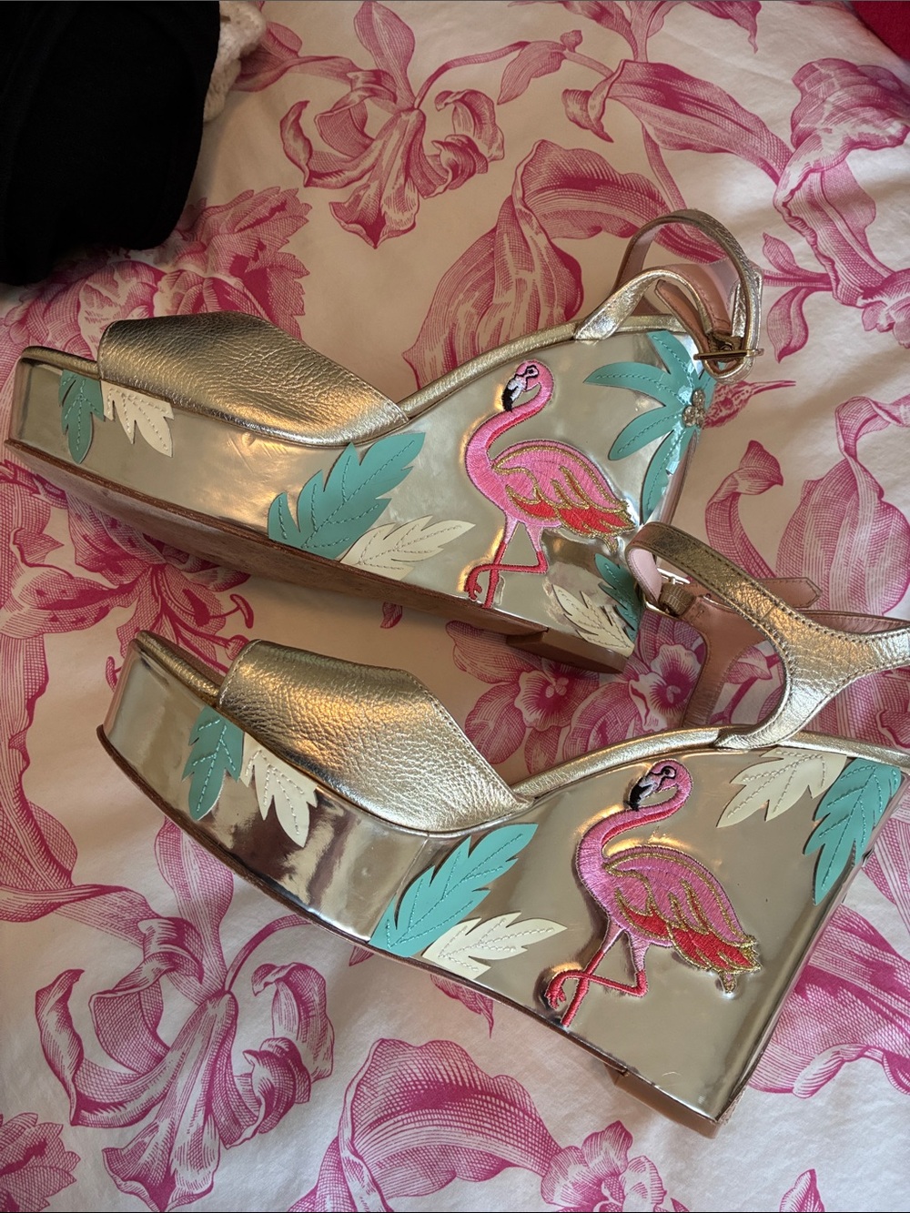 kate spade Gold Platform Wedge Sandals with Pink Flamingo and Teal Leaf Accents - Picture 2 of 8